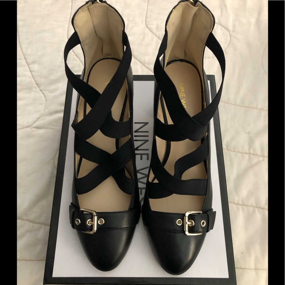 Nine West Black Strappy Pointed-Toe Heels with Buckle